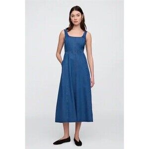 Gap Dress Petite Medium PM Square Neck Midi Sleeveless Denim Smocked Back